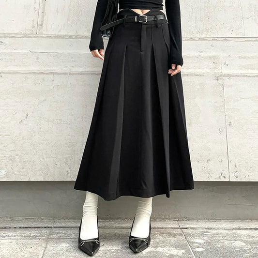 Chic Irregular Waist Slender Pleated Long Skirt 2023 New Belt Solid Color A-line Skirt Y2K Party Tight Vestidos Women&#39;s Clothing