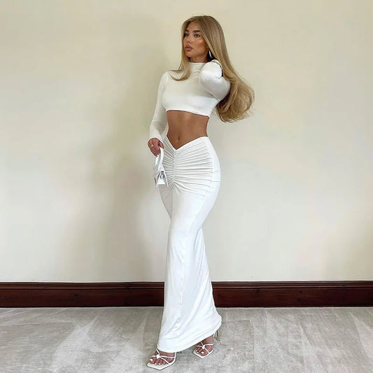 Sexy 2 Piece Set Outfits for Women Club Party Top and Dress Sets Elegant White Long Sleeve Long Ruched Matching Sets maxi skirt